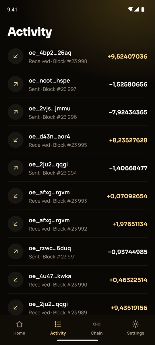 Activity screen listing received and sent payments