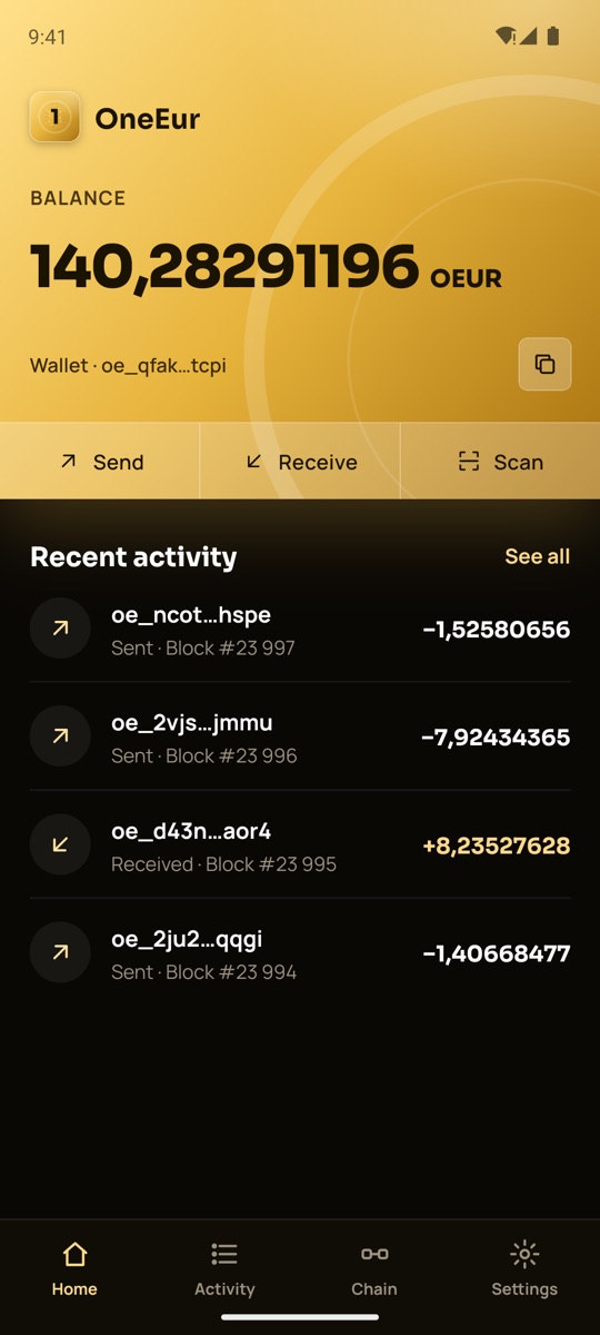 Wallet home screen showing a balance of 140.28 OEUR and recent payments