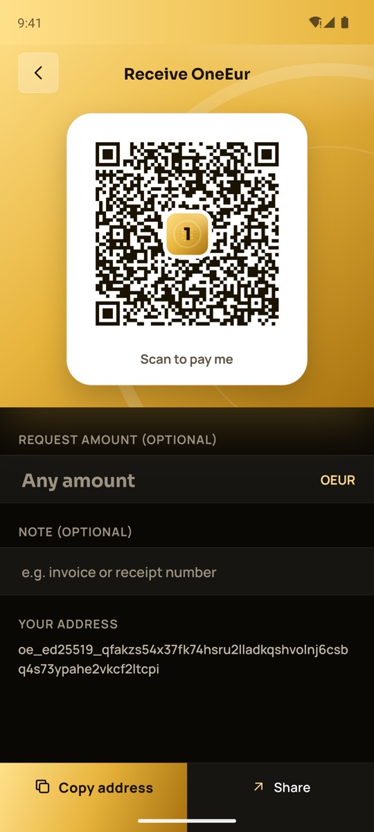 Receive screen with a QR code and the wallet address