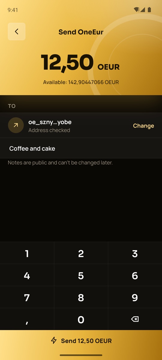 Send screen with 12.50 OEUR to a checked address and the note Coffee and cake